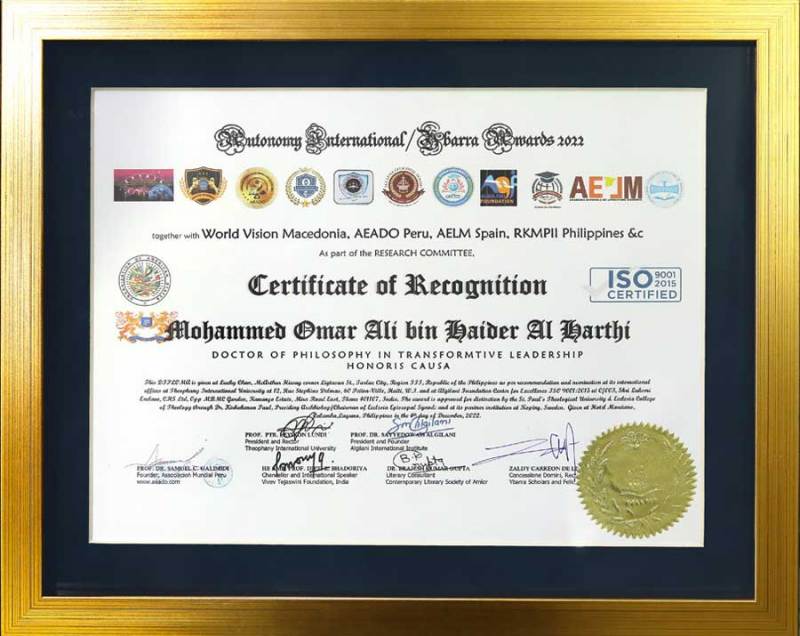 His Excellency Dr. Bin Haider receives prestigious Honorary recognition Mohammad Omar Bin